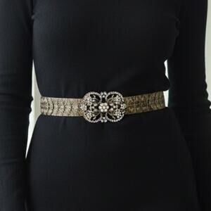 Kelly Kouri Gold Tone Metal Stretch Scales Belt with Crystal Flower Buckle